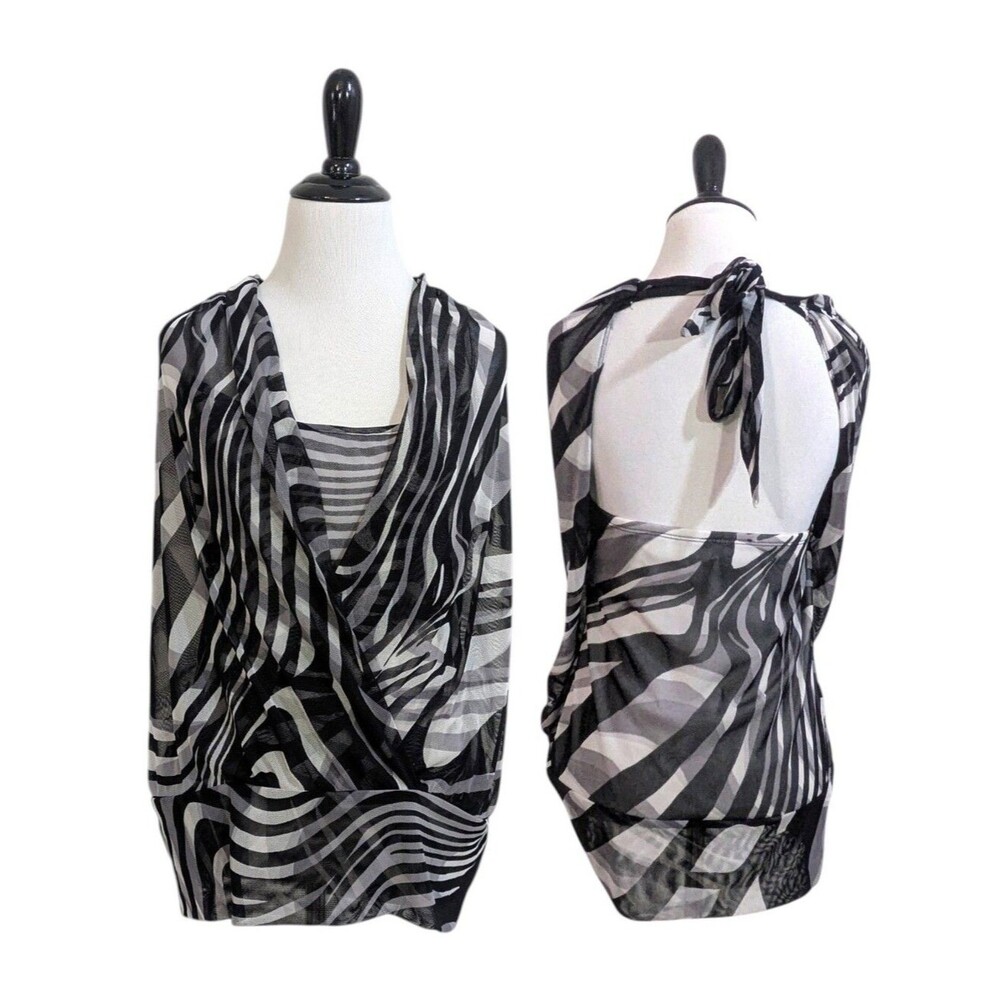 XOXO Cross Front Blouse With Halter Tie - Black & White Abstract - Size XL Women